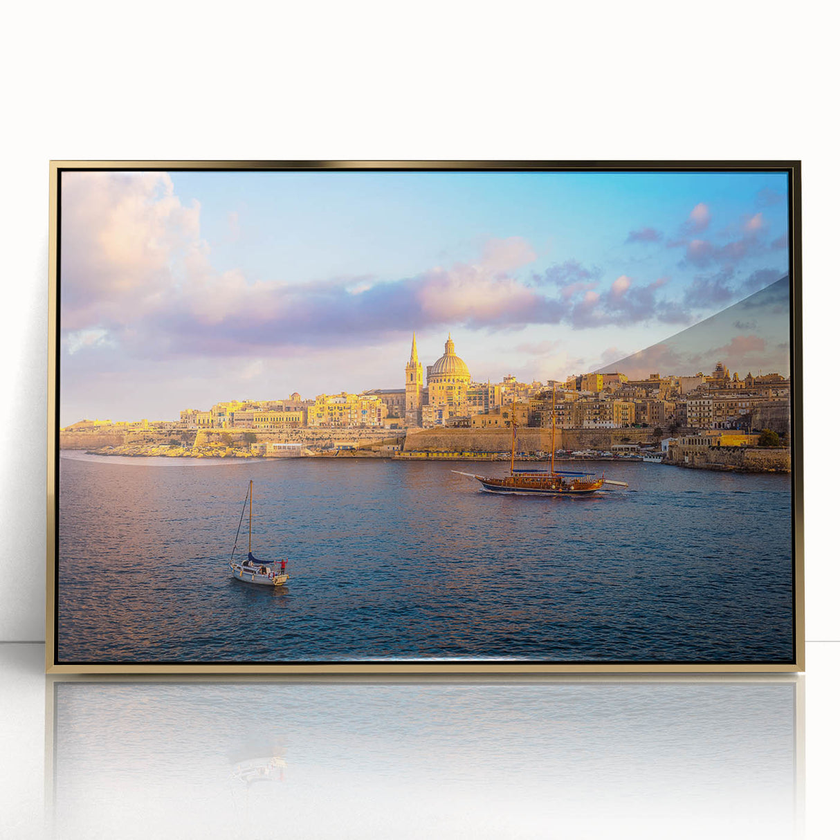 Art deco poster of a Malta scenery in gold framed acrylic, with muted earth tones, suited for modern art wall decor.