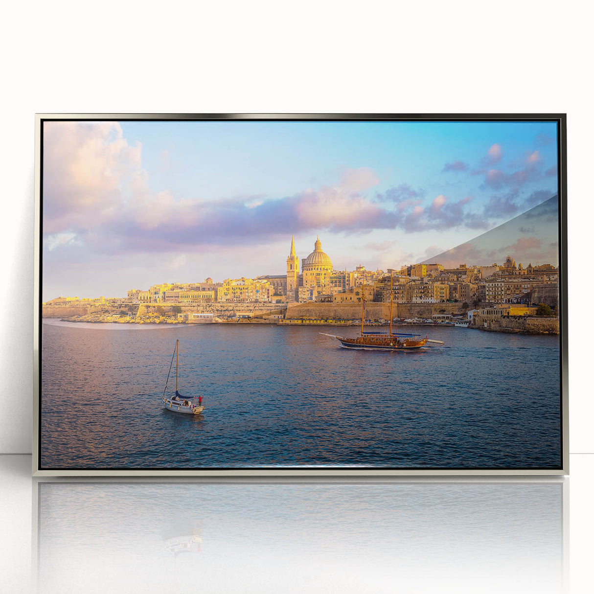 Mid-century modernist art depicting a scenic view of Malta, in muted earth tones on a framed acrylic.