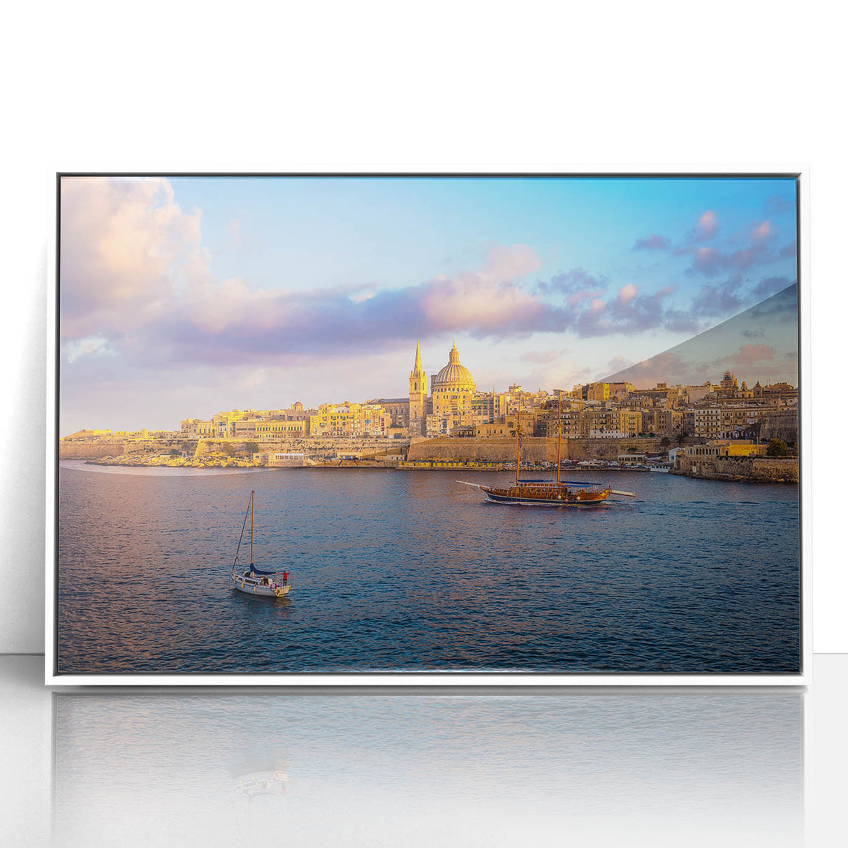 Mid-century modernist art of Malta scenery in muted blue and white tones, acrylic print, ideal for nursery wall decor.