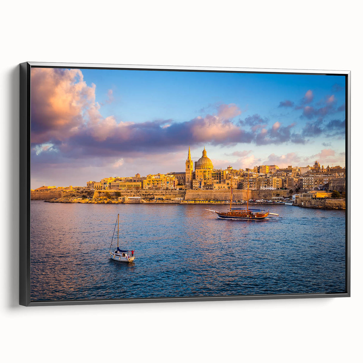 Black and white framed canvas of a vintage Malta landscape, ideal for bedroom wall art.