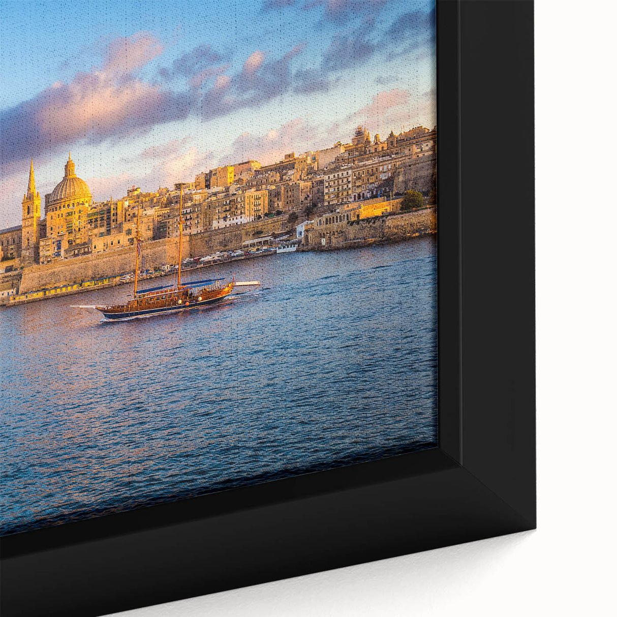 Extra large framed canvas of a textured Malta landscape in black with colorful accents, ideal for living room decor.