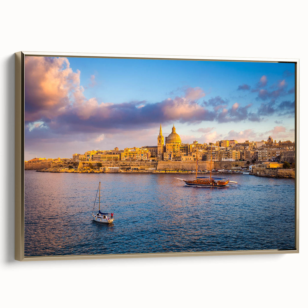 Framed canvas depicting a vintage-style landscape of Malta with dominant black and gold tones, ideal for bedroom wall art.