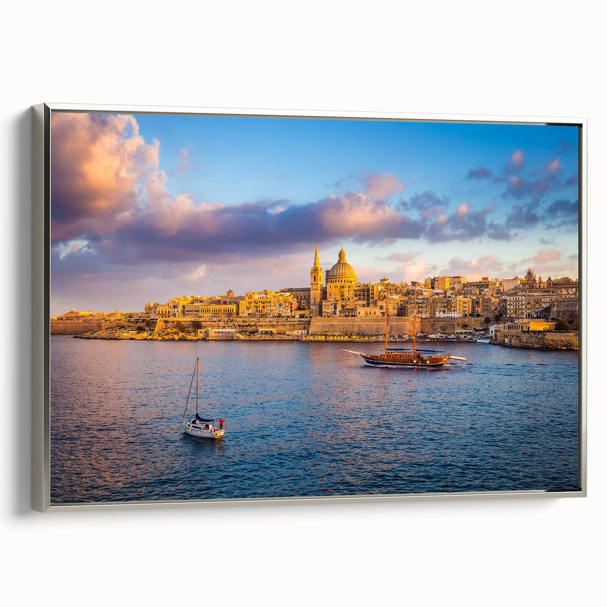 Framed canvas landscape art painting featuring a colorful Malta scenery in a vintage poster style.