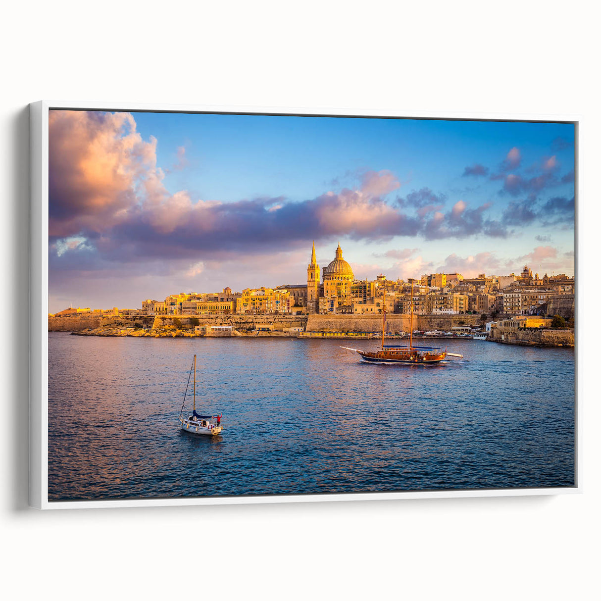 Vintage poster art of a European Malta scenery on a framed canvas.