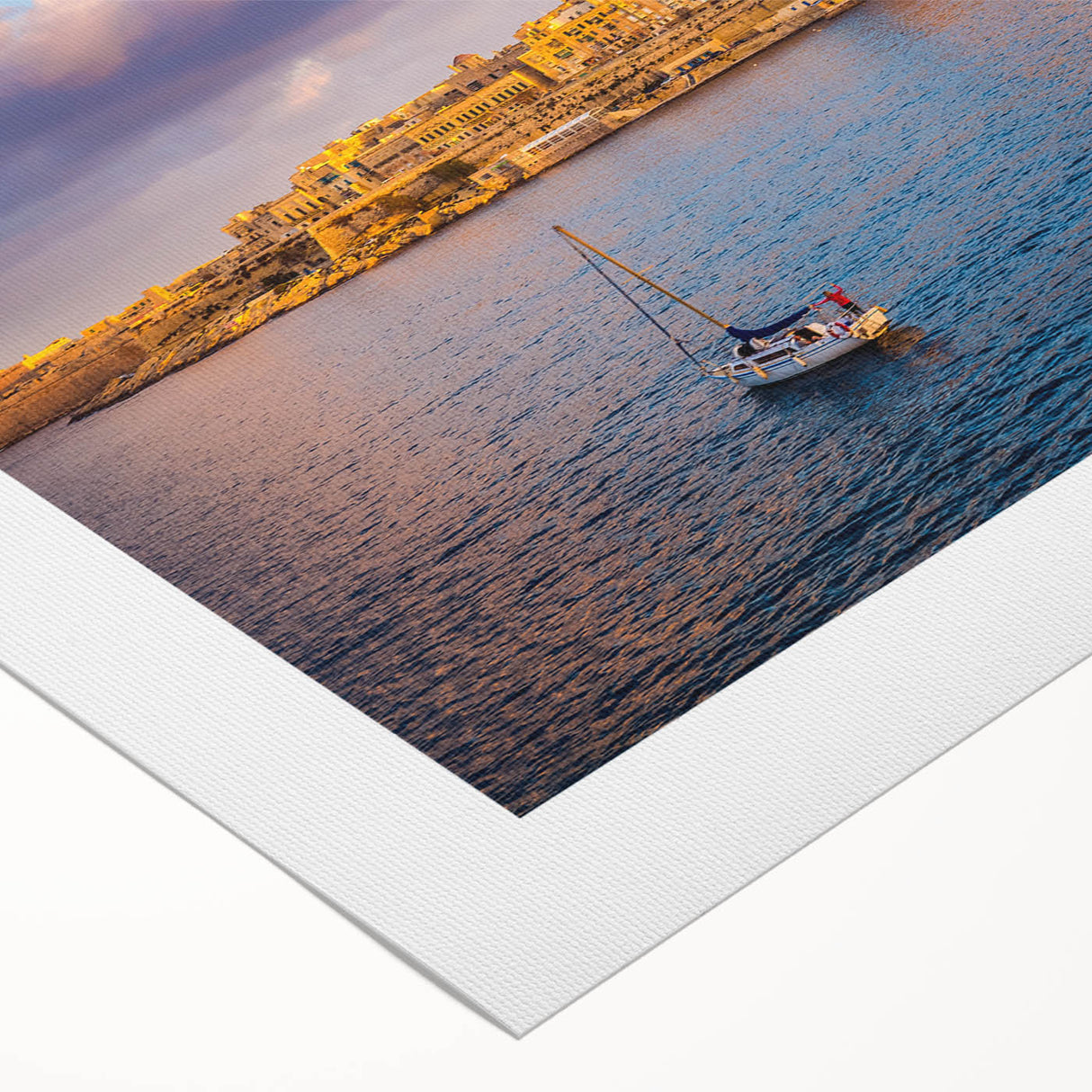 Art deco poster of a European Malta scenery in muted earth tones on rolled canvas, suitable for dining room wall art.