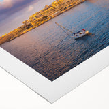 Art deco poster of a European Malta scenery in muted earth tones on rolled canvas, suitable for dining room wall art.