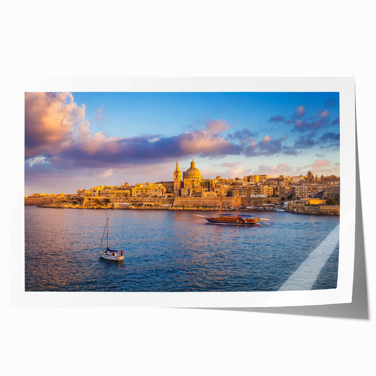 Extra large rolled print of a Maltese landscape with vibrant green and blue hues, ideal for dining room wall art.
