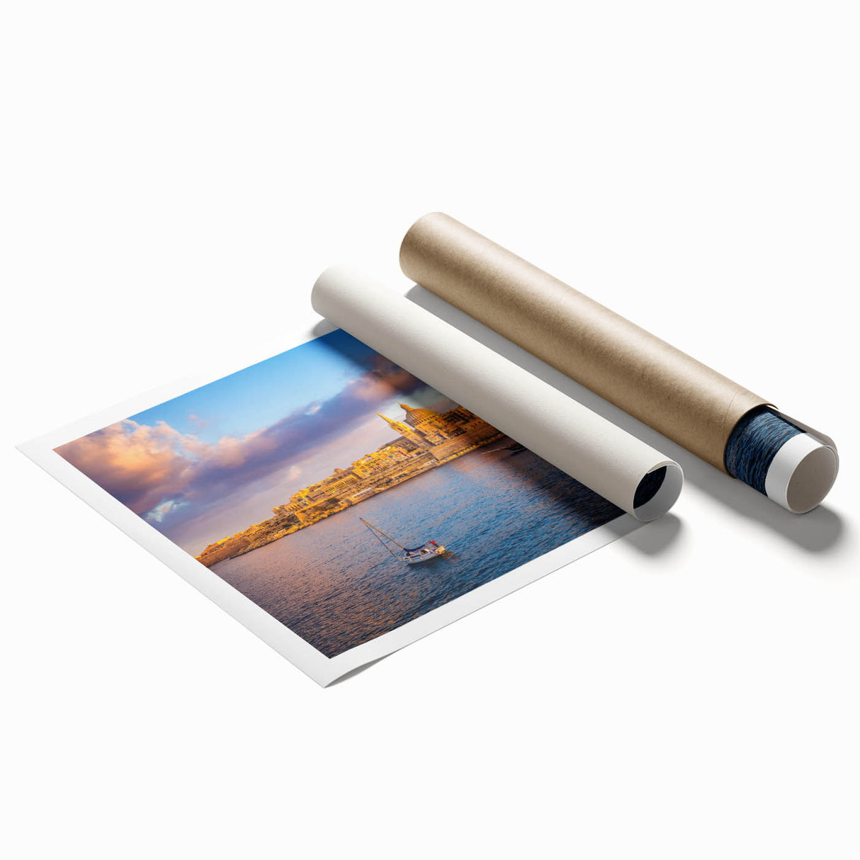 Extra large rolled print of a Malta landscape in soft pastel shades, ideal for classy bathroom wall art.