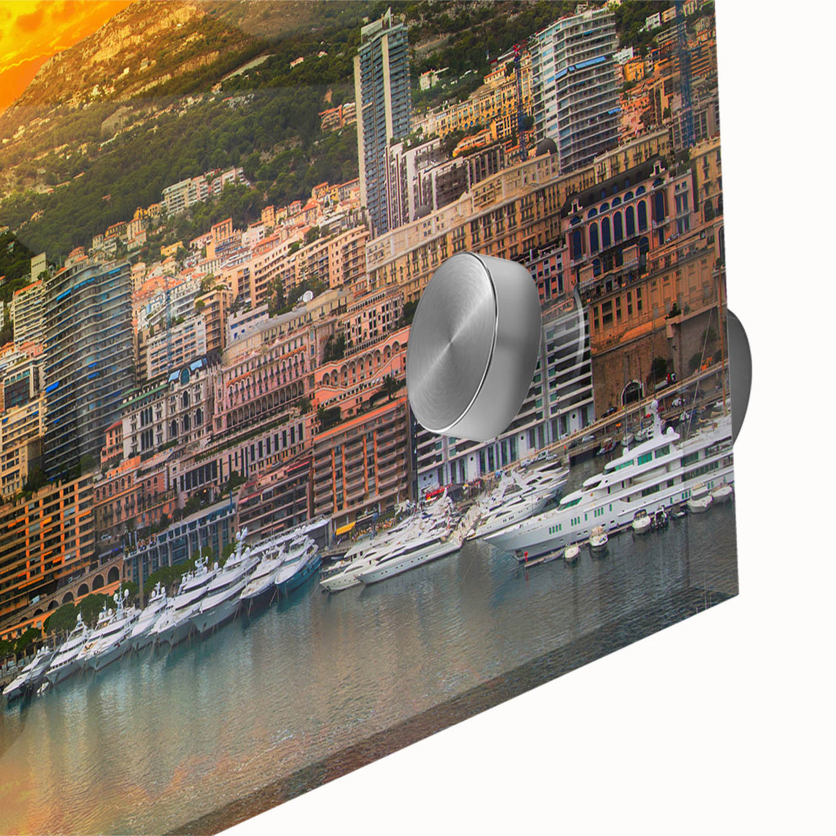 Large abstract wall art of Monaco scenery on acrylic glass, featuring vibrant blue and green tones.