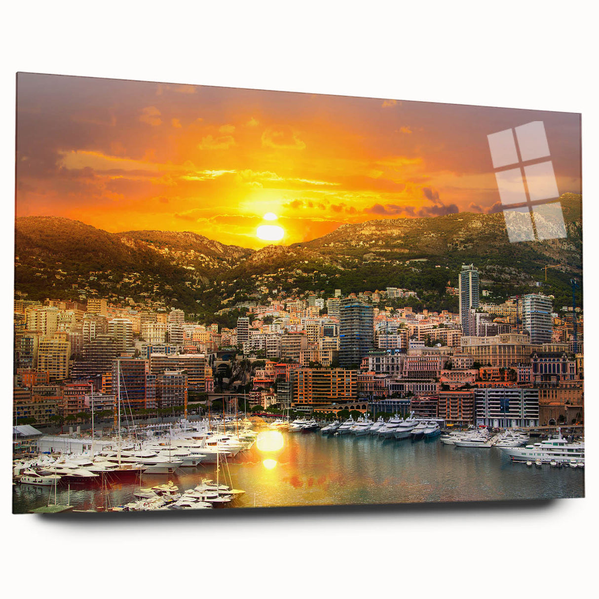 Large abstract wall art depicting a European Monaco scenery in vibrant blue and green tones on acrylic glass.