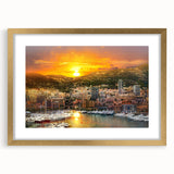 Abstract art print of Monaco scenery in muted gold and blue tones on a framed canvas, suitable for dining room decor.