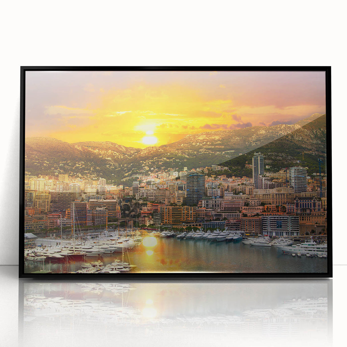 Large abstract wall art of Monaco scenery in mid-century modernist style, framed in black acrylic.