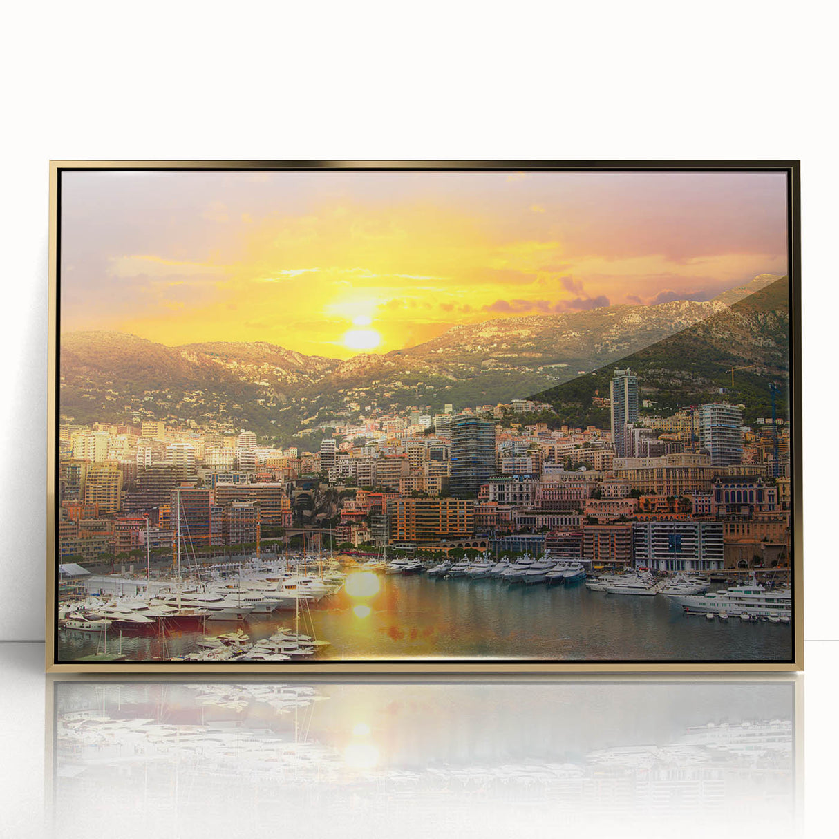 Art deco poster of Monaco scenery in muted gold and blue tones on framed acrylic, suitable for modern art wall decor.