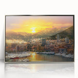 Large art print of a Monaco scenery in muted blue and silver tones, framed in acrylic, suitable for modern nursery decor.