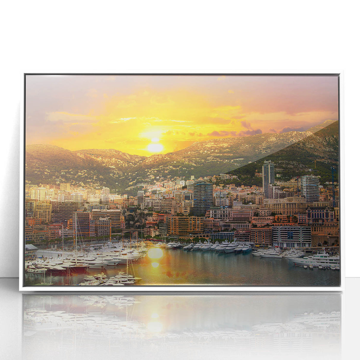 Mid-century modernist art featuring a scenic Monaco landscape in muted pastel shades on a framed acrylic.