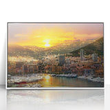 Mid-century modernist art featuring a scenic Monaco landscape in muted pastel shades on a framed acrylic.