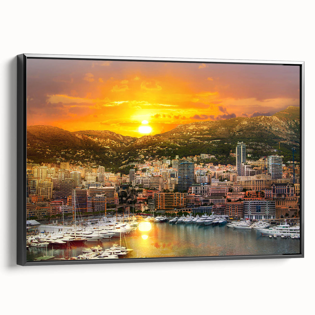 Black and white framed canvas of vintage Monaco landscape, ideal for bedroom wall art.
