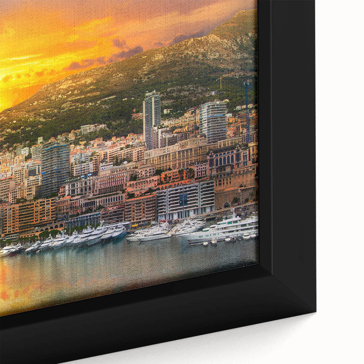 Extra large framed canvas of a textured Monaco scenery in black with colorful accents, suitable for living room decor.