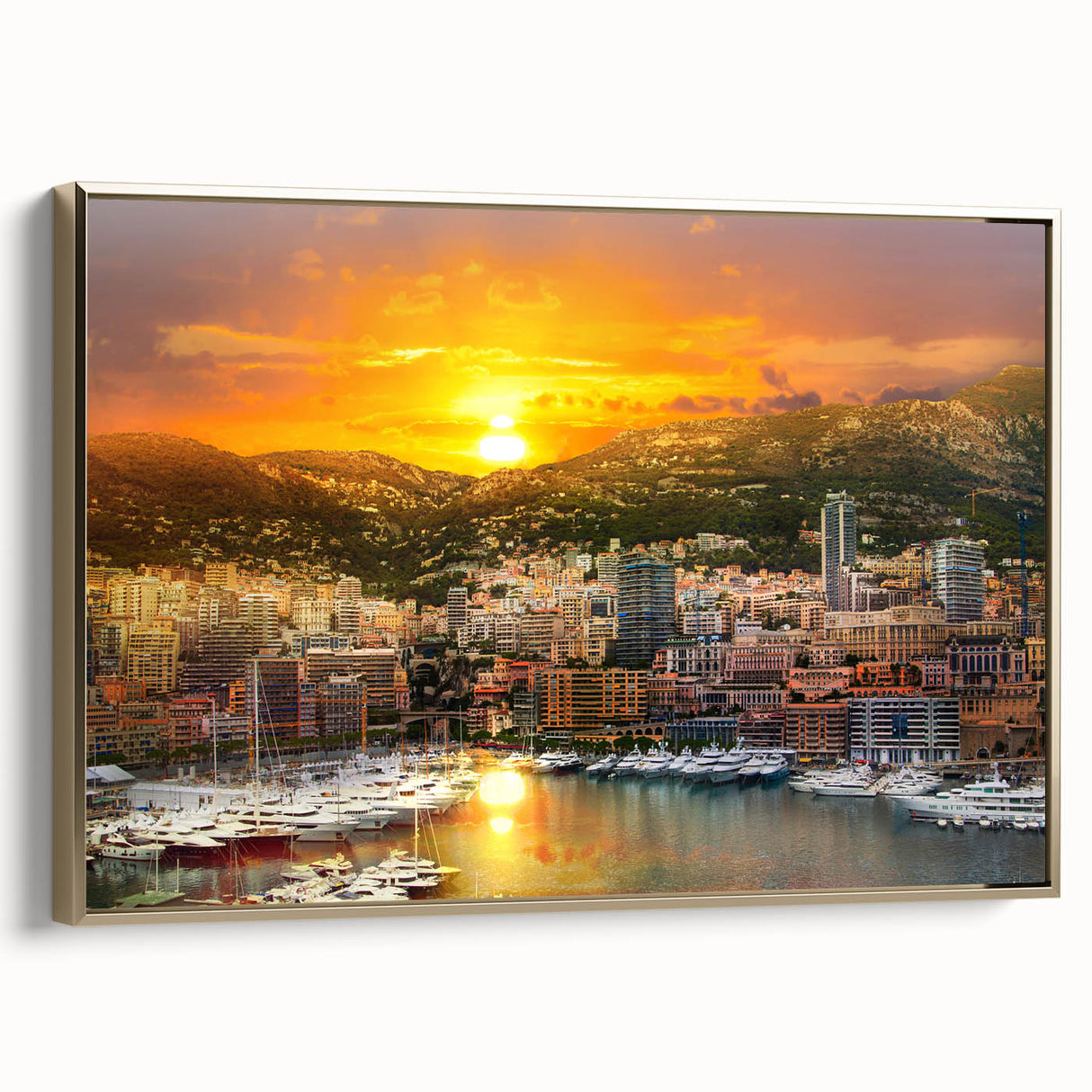 Framed canvas depicting a vintage-style Monaco landscape in muted gold and black tones, ideal for bedroom wall decor.