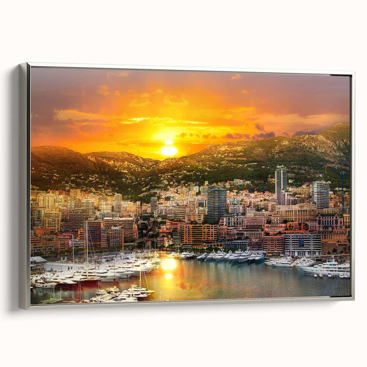 Framed canvas of a vintage-style Monaco landscape painting with vibrant colors on a black background.