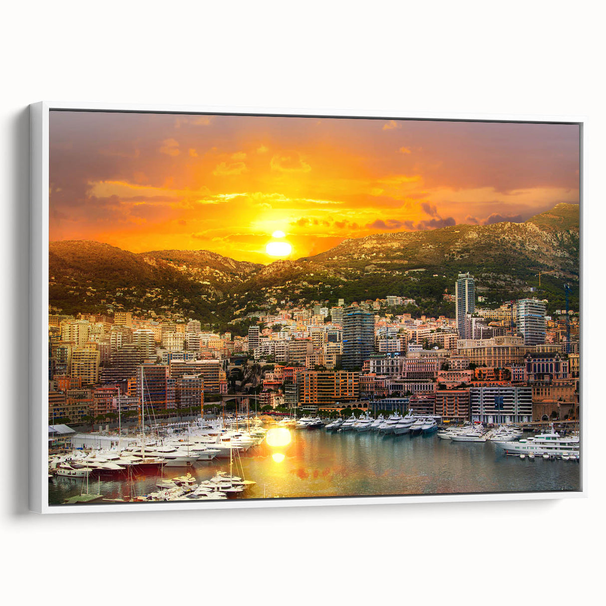 Vintage poster art of Monaco scenery in vibrant colors on a large framed canvas, ideal for living room decor.