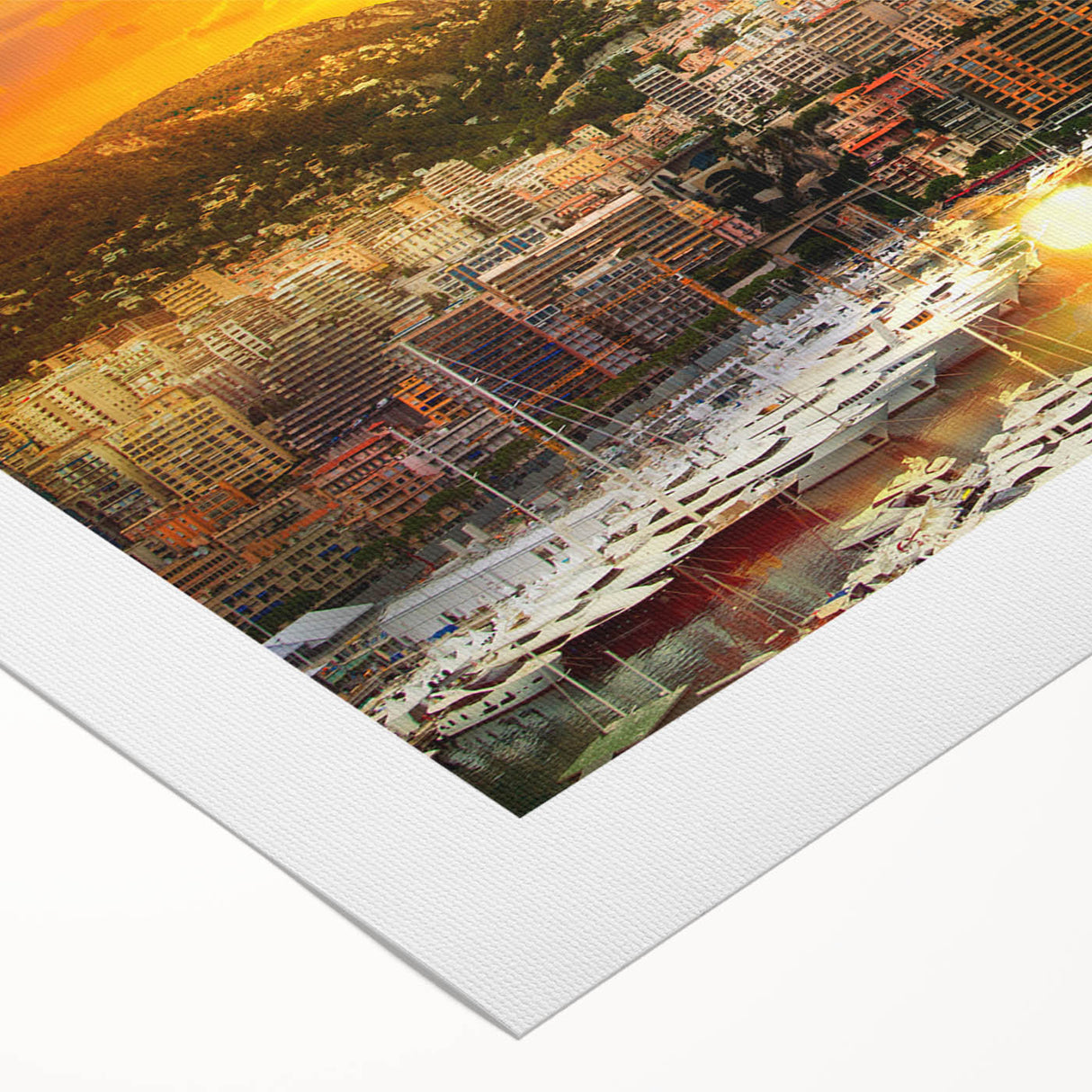 Art deco poster of Monaco scenery in muted blue and beige tones on rolled canvas, suitable for dining room wall art.