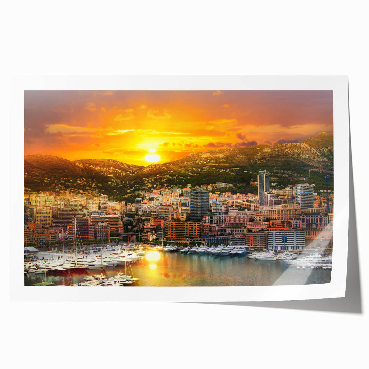 Extra large rolled print of Monaco scenery with vibrant floral elements, ideal for art wall dining room.