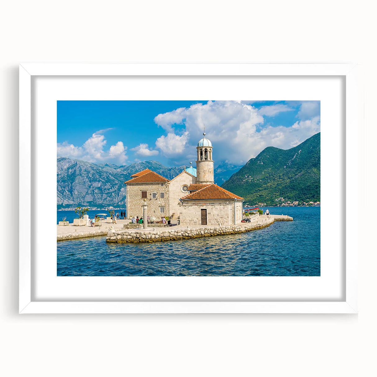 Textured abstract art print of a Montenegro landscape in muted earth tones, framed with a white mat, ideal for bedroom art.