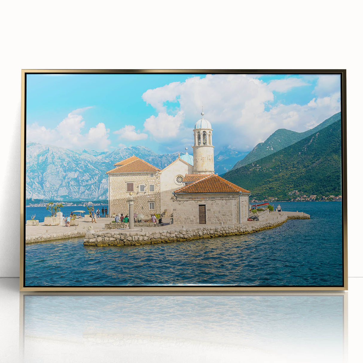 Framed acrylic print of a Montenegro landscape in art deco style, featuring soft pastel colors.