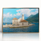 Framed acrylic print of a Montenegro landscape in art deco style, featuring soft pastel colors.
