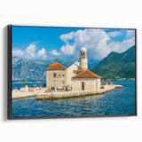 Black and white framed canvas of a Montenegro landscape, ideal for bedroom decor, features vintage poster style.