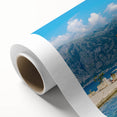 Art deco poster of a Montenegro landscape in pastel shades on rolled canvas, ideal for nursery wall art.