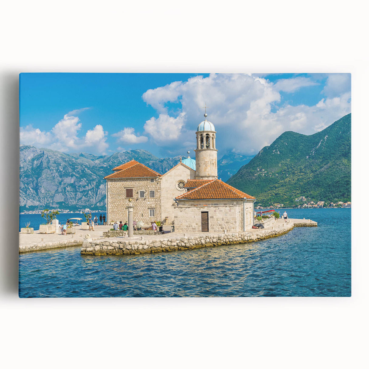 Black and white image of Montenegro scenery on large stretched canvas, ideal for kitchen wall art or bedroom decor.