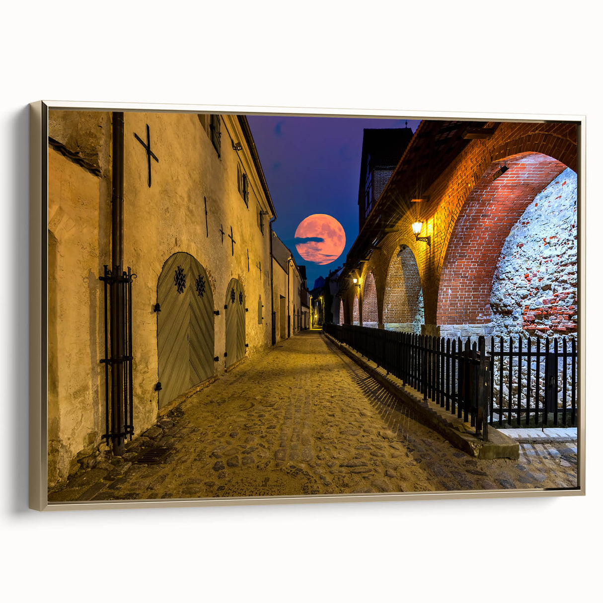 Framed canvas depicting a vintage-style Amsterdam landscape in black and gold tones, ideal for bedroom wall art.