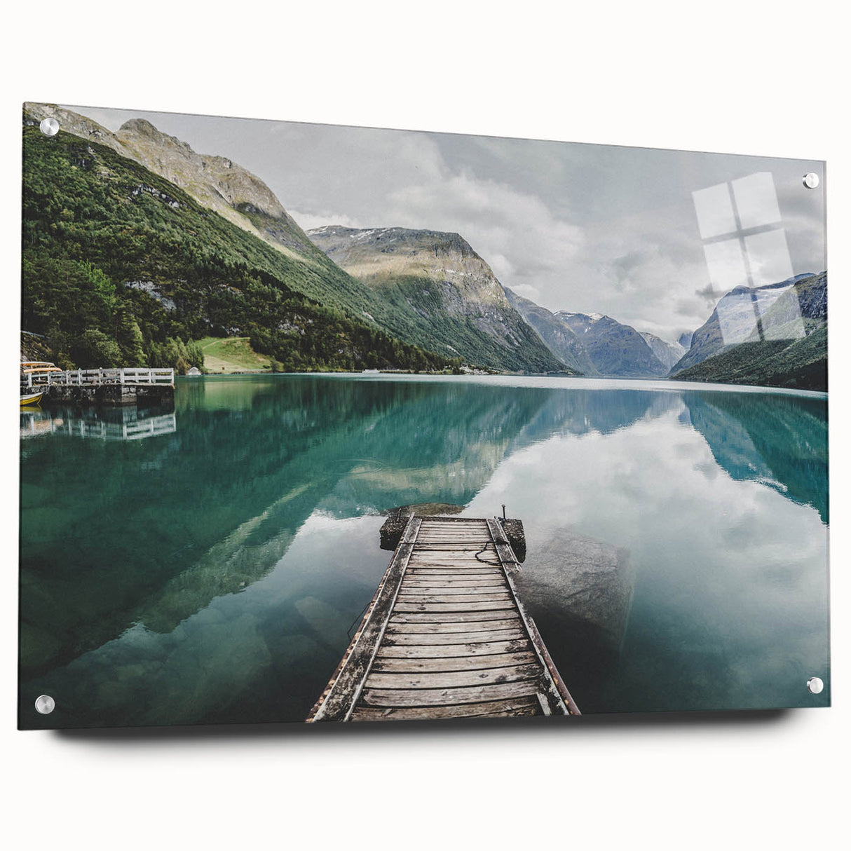 Acrylic print of a serene Norwegian landscape, featuring cool blue and green tones, ideal for bedroom or dining room decor.