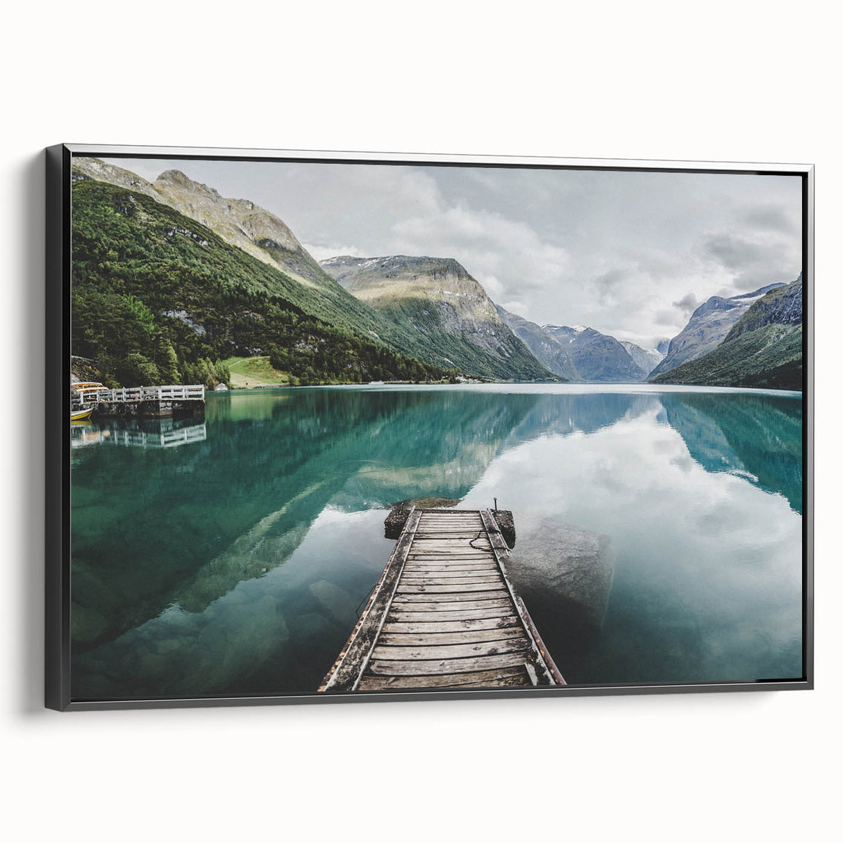 Black and white landscape art painting of a Norwegian fjord on framed canvas, suitable for bedroom decor.