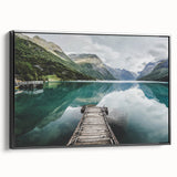 Black and white landscape art painting of a Norwegian fjord on framed canvas, suitable for bedroom decor.
