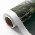 Art deco poster of a serene Norwegian landscape in soft blue and green tones on rolled canvas, ideal for nursery wall art.