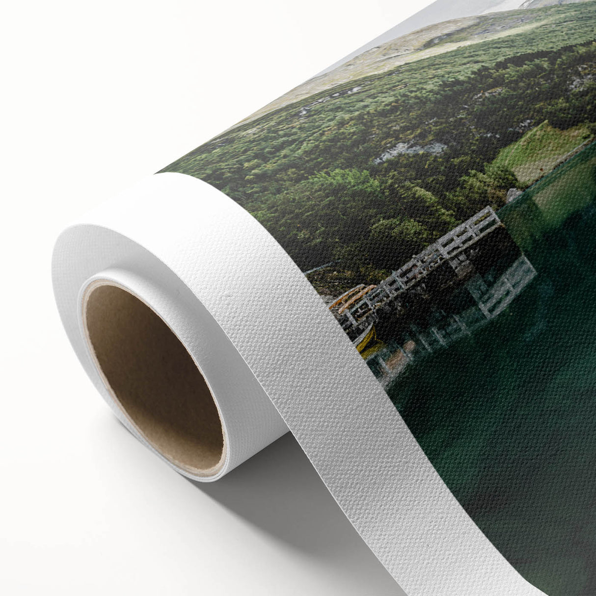 Art deco poster of a serene Norwegian landscape in soft blue and green tones on rolled canvas, ideal for nursery wall art.