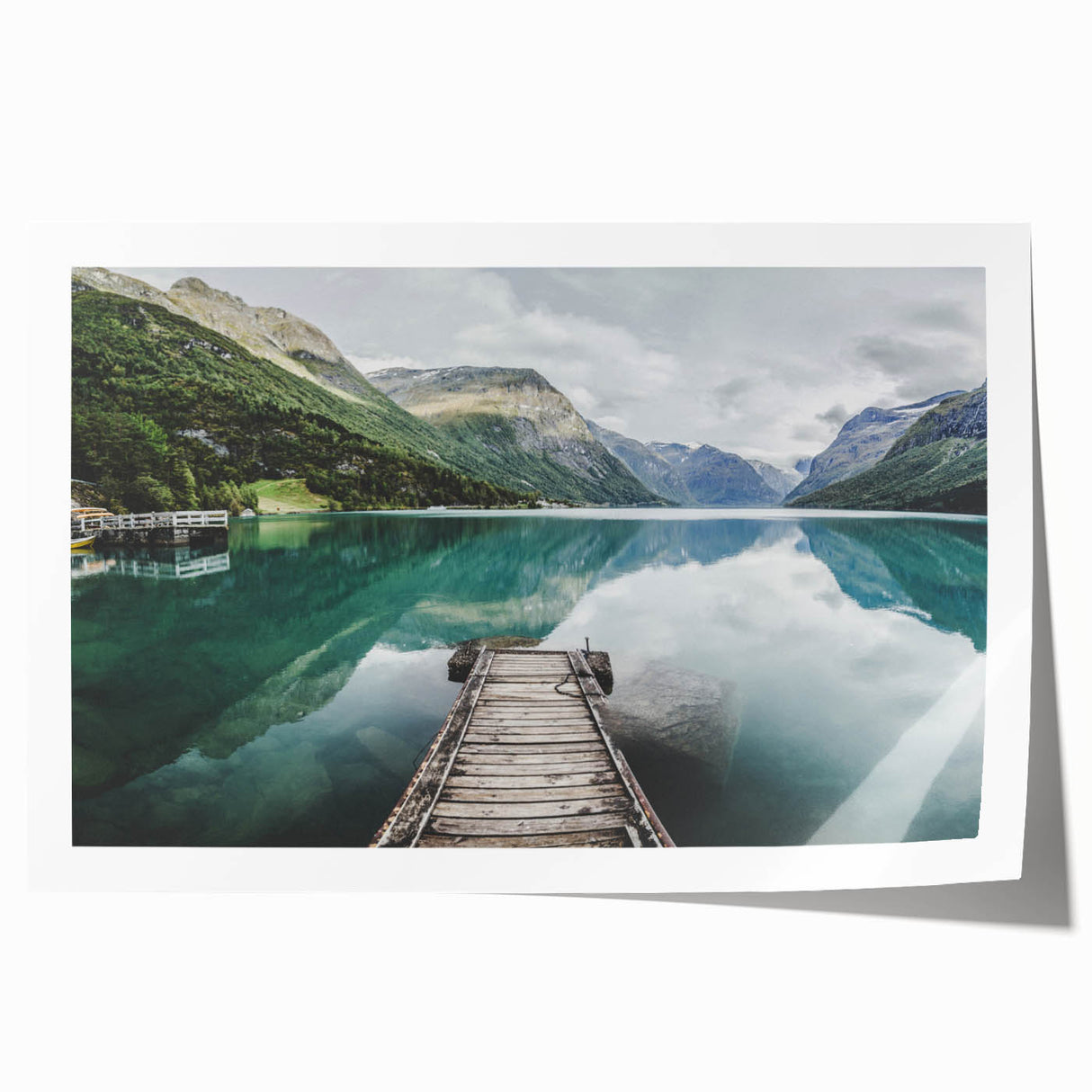 Extra large rolled print of a Norwegian landscape featuring muted green and blue tones, suitable for dining room decor.