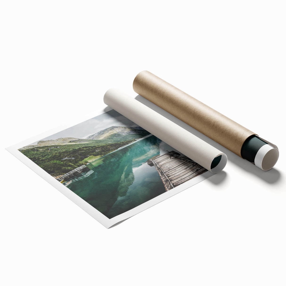 Extra large rolled print of a serene Norwegian landscape with muted green and blue tones, ideal for classy bathroom wall art.