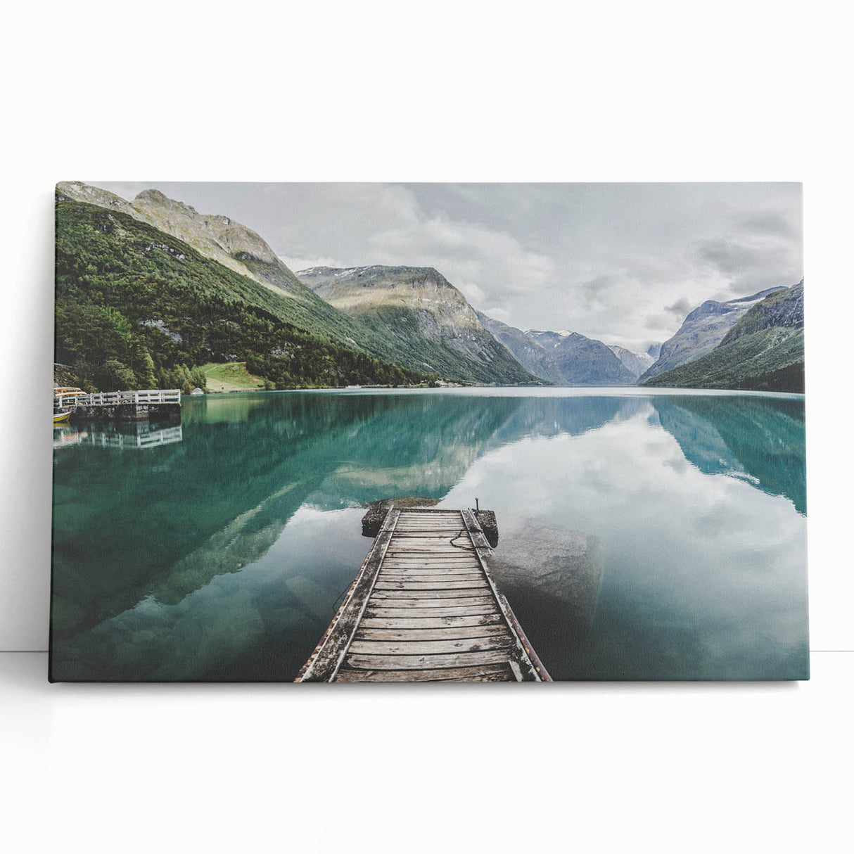 Black and white photo of a Norwegian fjord on large stretched canvas, ideal for kitchen wall art.