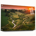 Acrylic print of a large abstract depiction of a European scenery in muted earth tones.