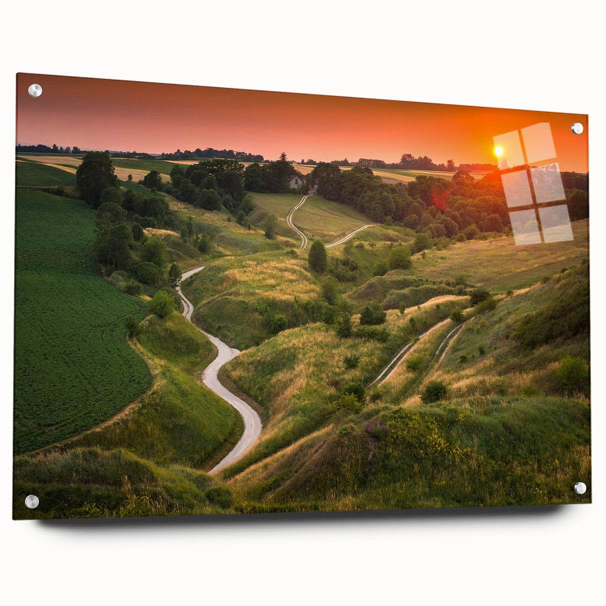 Acrylic print of a large abstract depiction of a European scenery in muted earth tones.