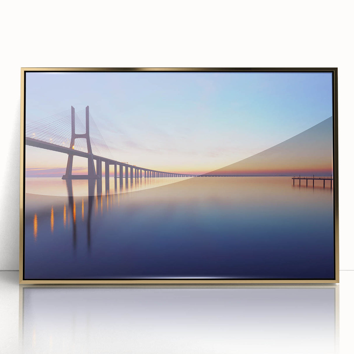 Art deco poster of Lisbon scenery in gold acrylic frame, suitable as modern art wall decor or nursery wall art.