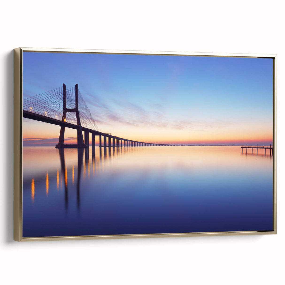 Framed canvas wall art of Lisbon landscape in vintage poster style with black and gold tones, ideal for bedroom decor.