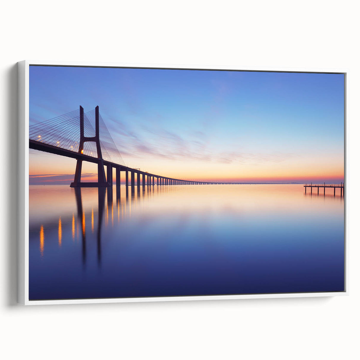Vintage poster art of Lisbon featuring colorful buildings on a black background, presented in a large white-framed canvas.