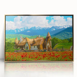 Art deco poster of a Romanian landscape in muted gold tones on acrylic, ideal for modern nursery decor.
