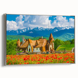 Framed canvas landscape art painting depicting a colorful Romanian village scene.