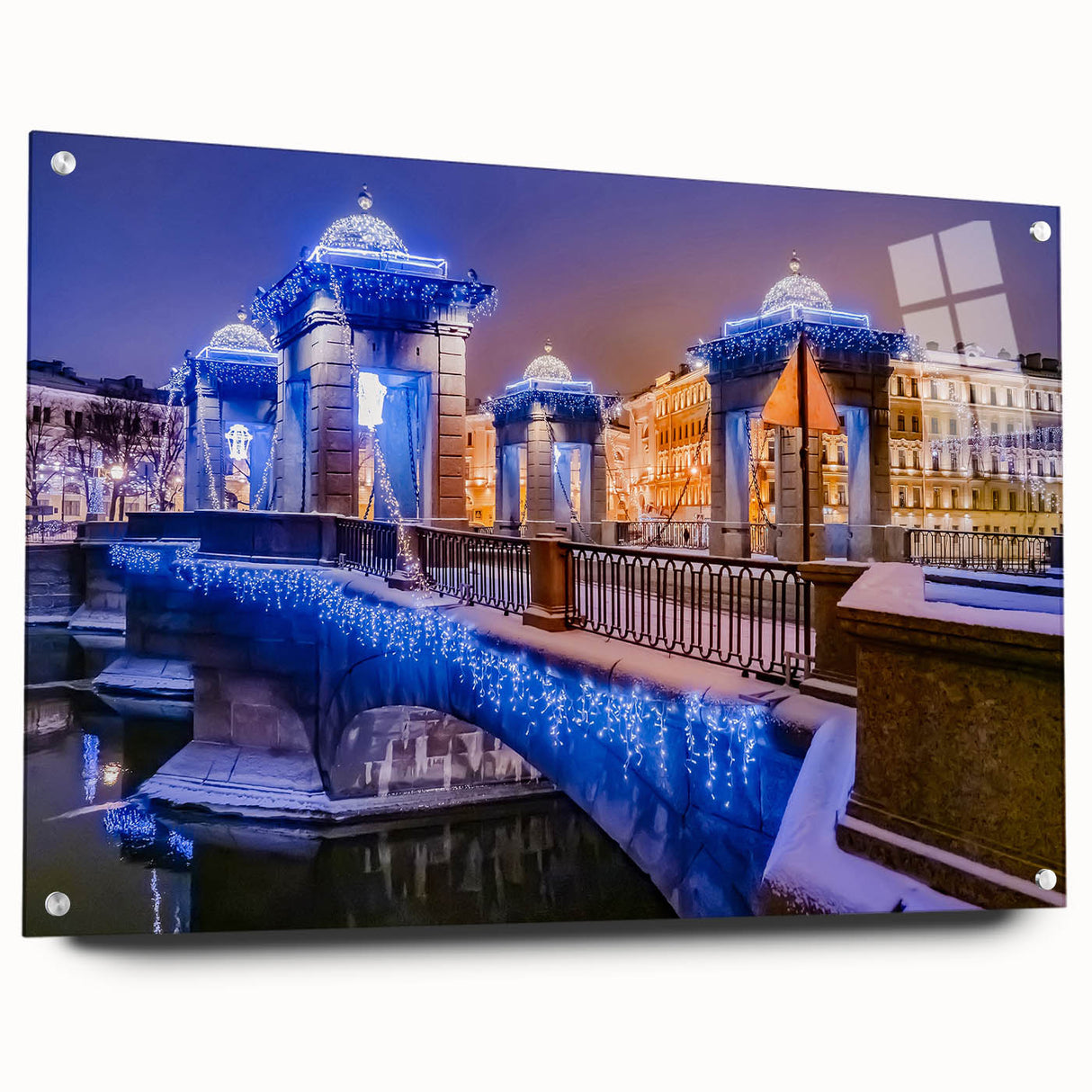 Abstract depiction of European scenery on acrylic glass, featuring cool blue and green hues.